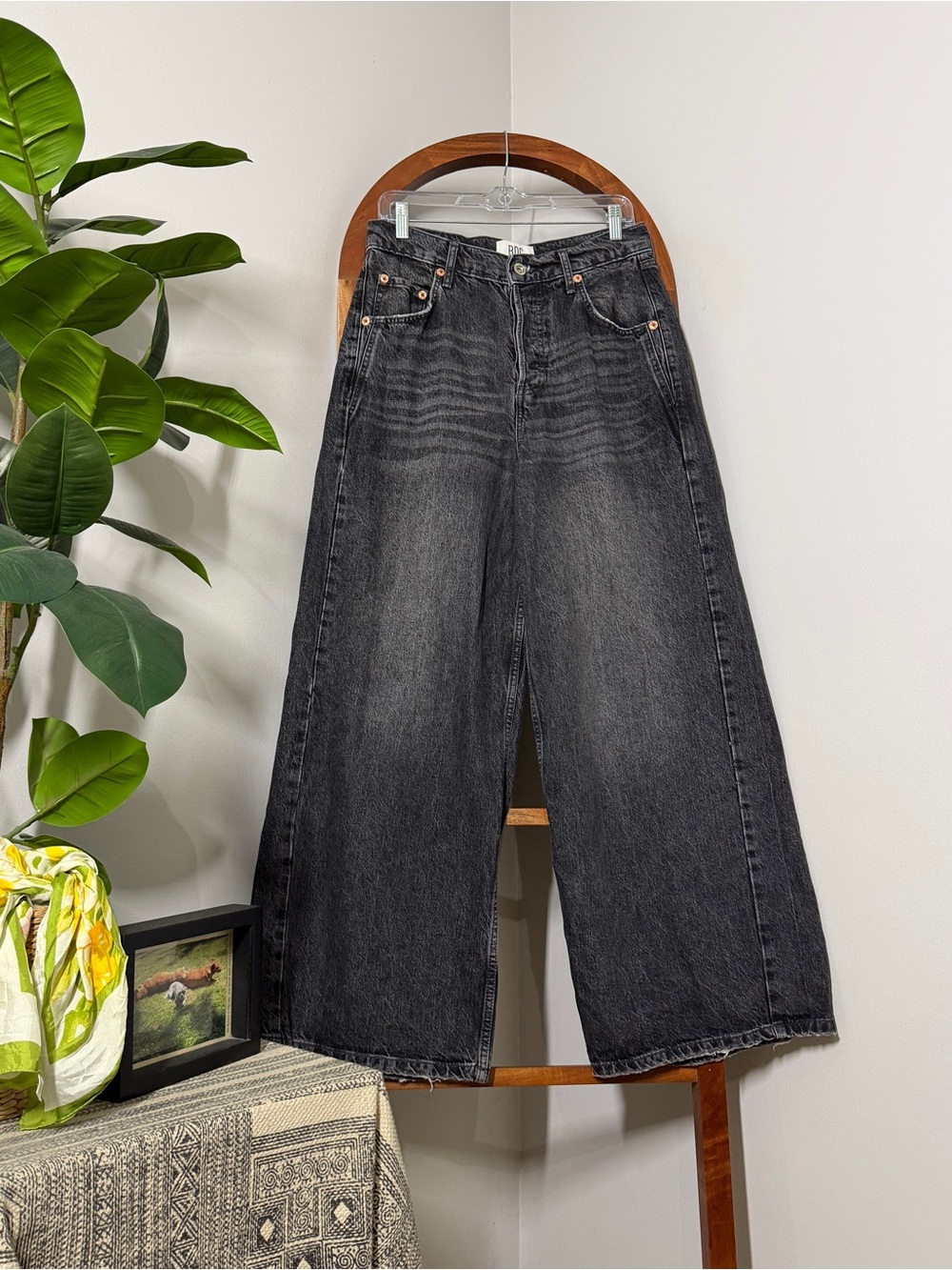 Urban Outfitters BDG 27W Washed Black Ultra Wide Leg Jeans Button Fly